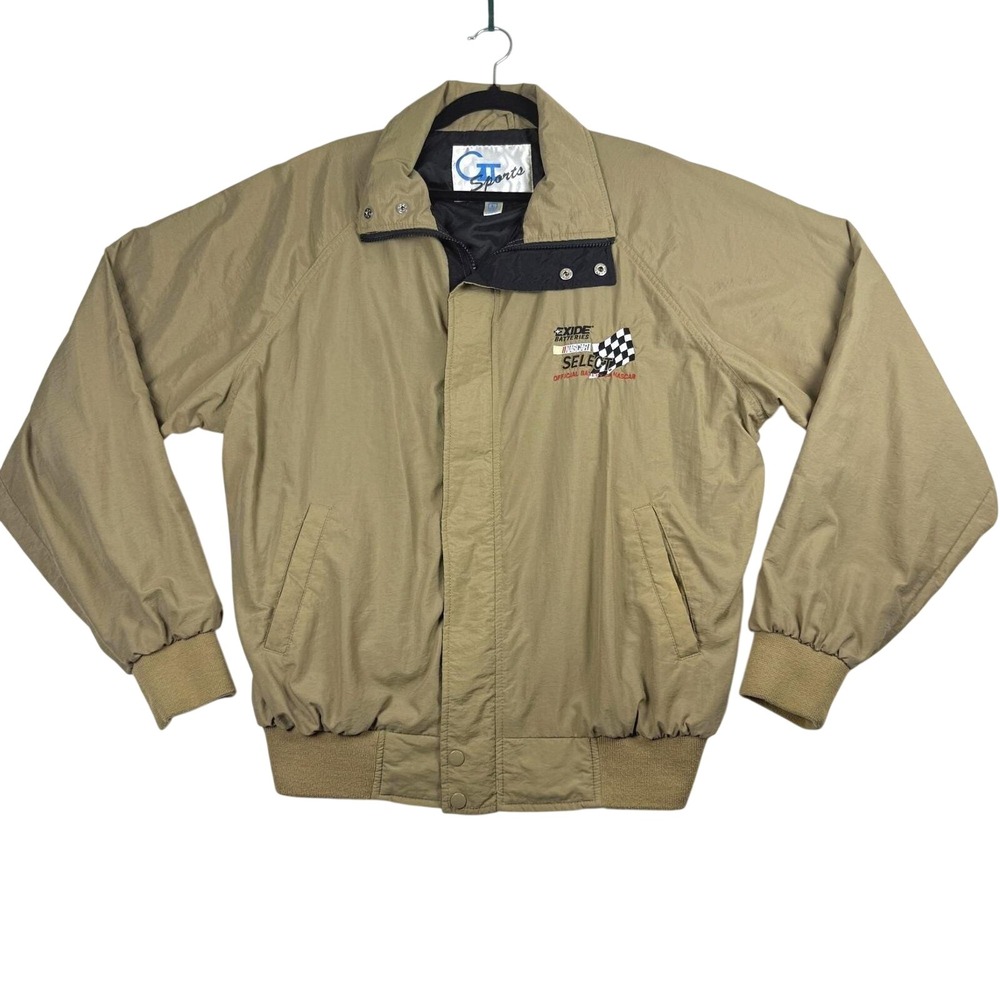Vintage GT Sports NASCAR Exide Batteries Tan Bomber Jacket Mens Large